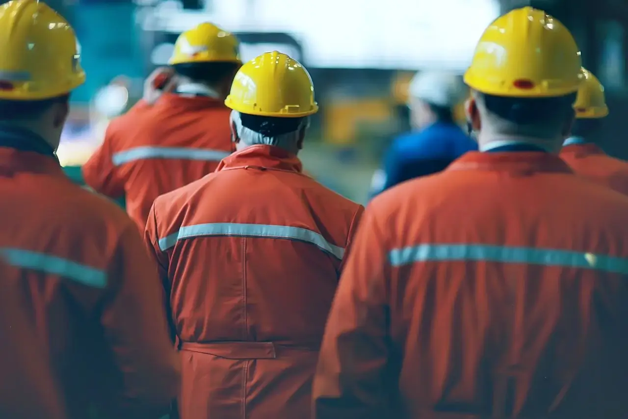 Men wearing uniforms and protection helmets in a loud factory