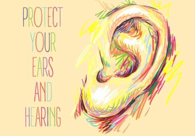 Sketch of multi-coloured ear and writing that says “Protect your ears and hearing”